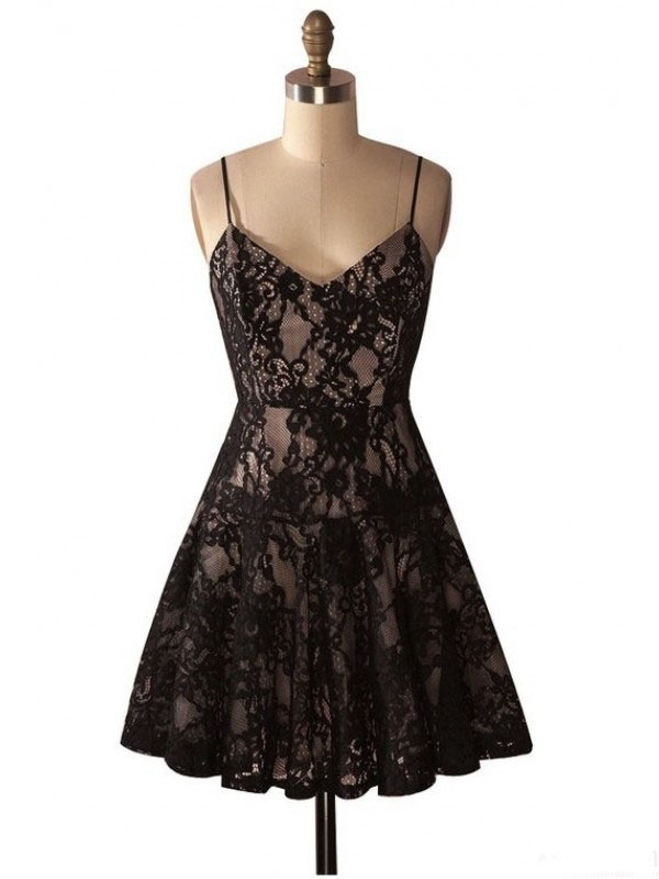 Black Spaghetti Strap Homecoming Dresses With Lace, Sexy Lace Short Homecoming Dresses, Cute Short Prom Dress