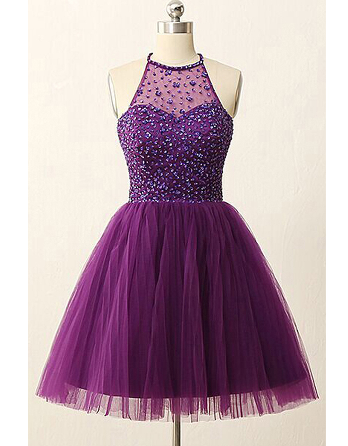 High Quality Homecoming Dress,chic Jewel Sleeveless Homecoming Dresses,open Back Illusion Back Purple Homecoming Dress With Sequins Crystal,tulle