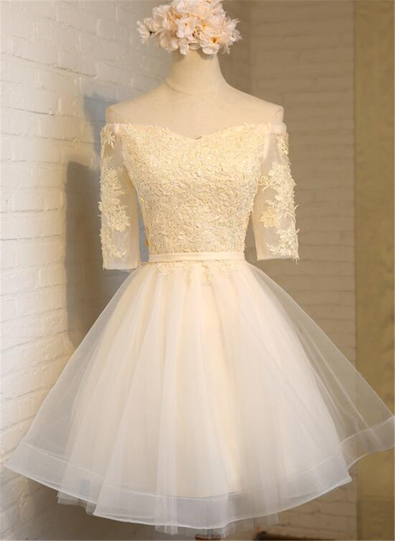 Champagne Knee Length Tulle With Lace Applique Party Dress Prom Dress, Homecoming Dress