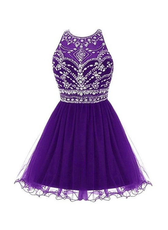 Dark Purple Beaded Tulle Homecoming Dress, Short Prom Dress