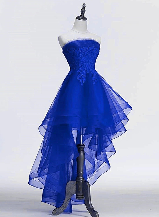 Tulle With Lace Applique High Low Party Dress, Blue Homecoming Dress
