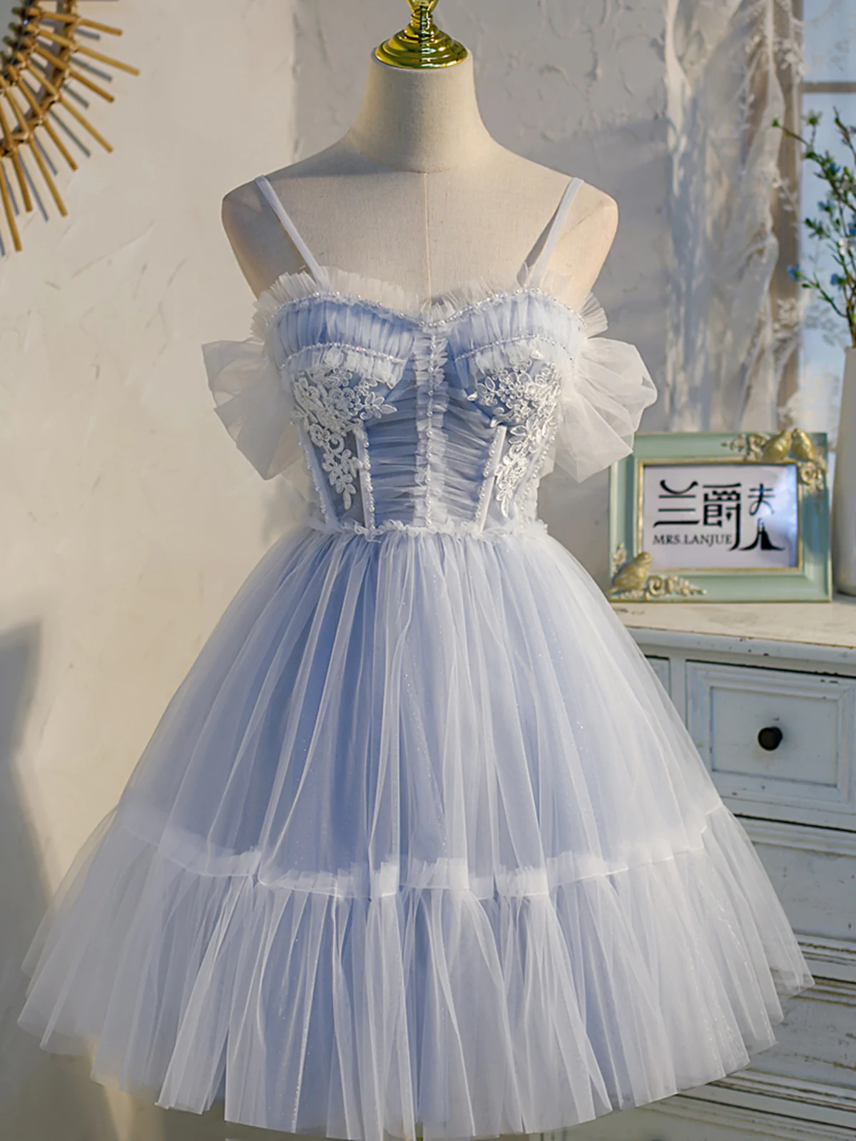 sachin and babi light blue dress Off the shoulder corset 3D floral sky blue mini prom homecoming dress. We  always accept custom orders. #dress #promdress #partyoutfit  #fashiondesigner #custommade