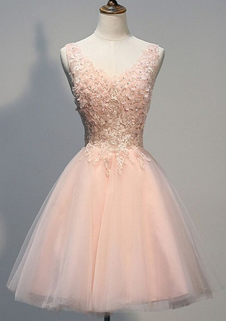Pink Prom Dress,v Neck Prom Dress,applique Prom Dress,tulle Prom Dress,bridesmaid Prom Dress