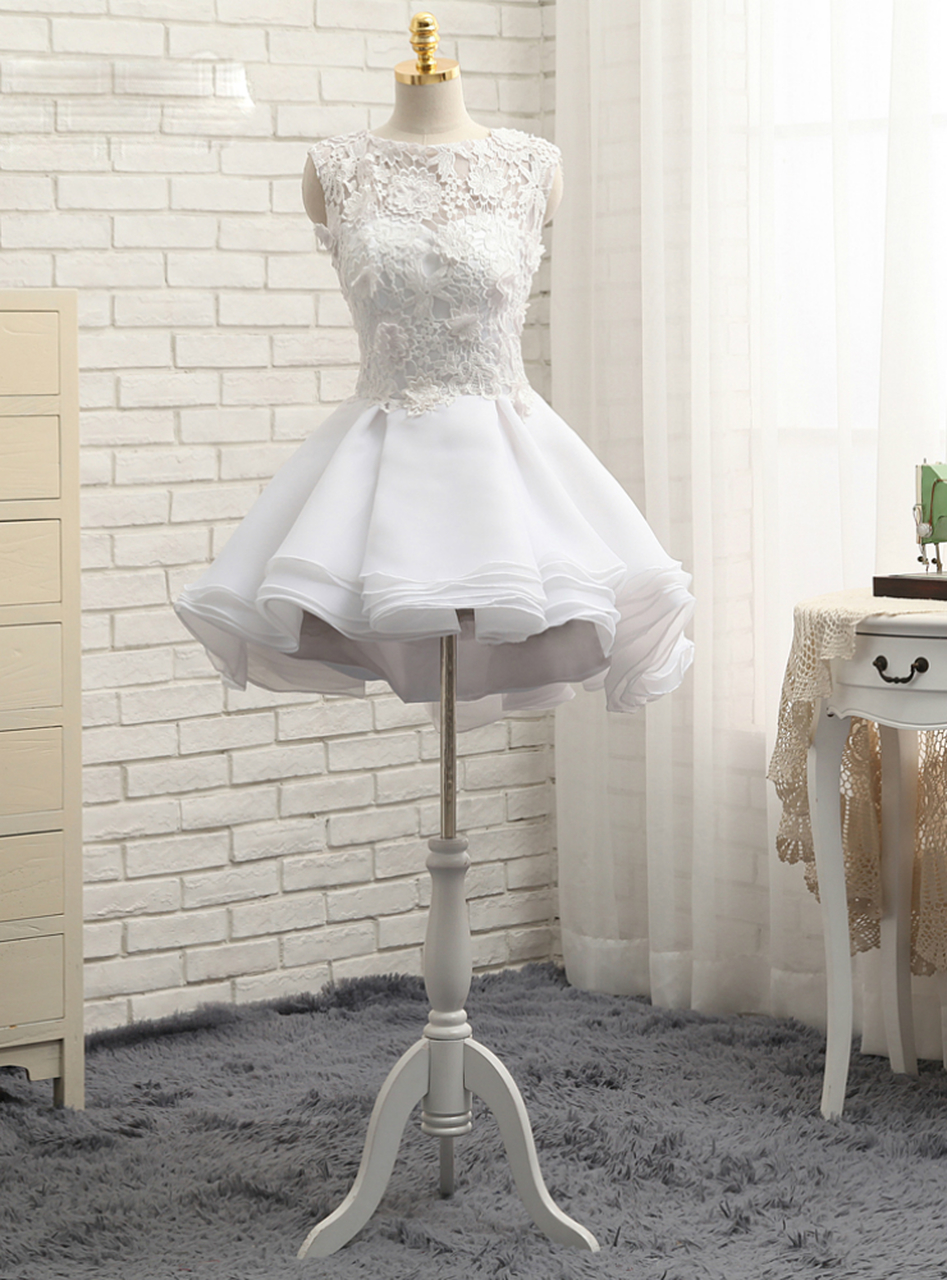 Cute Short Mini Organza Wedding Dresses,beautiful A-line Sleeveless Appliques Lace Wedding Evening Dresses