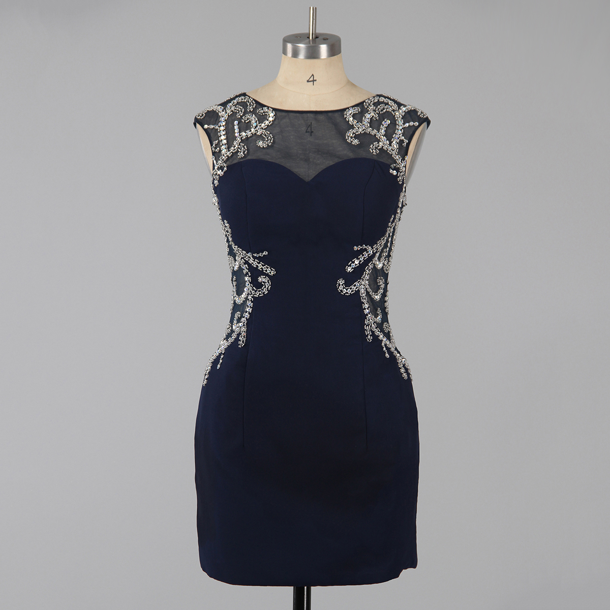 Dark Navy Column Illusion Neck Homecoming Dresses, Sexy Open Back Homecoming Dresses, Silk-like Satin Homecoming Dress With Sparkle Beads