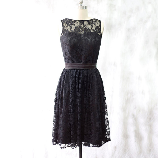 Black Lace Sweetheart Knee Length A-line Bridesmaid Dress Featuring Self Tie Sash