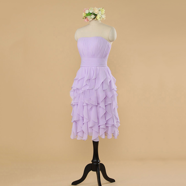 Strapless Bridesmaid Dresses With Ruffles, Short Chiffon Bridesmaid Dresses With Tiered Skirt, Cute Knee-length Bridesmaid Dresses