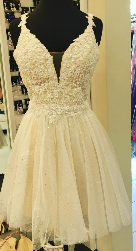 graduation dress pearls Pearl Spaghetti Strap Homecoming Dresses Short Tulle Graduation Dress –  Viniodress main image 1