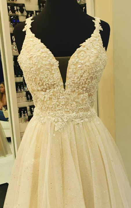white christmas dresses Champagne A-line Dot Appliques Illusion Neck Beaded Long Prom Dress