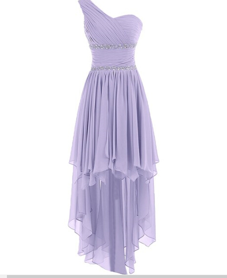 Lavender High Low Bridesmaid Dresses,chiffon Pleated Evening Prom Dress Featuring Ruched One Shoulder Bodice With Beaded Embellishments
