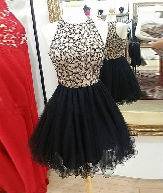 Black Round Neck Homecoming Dresses,tulle Sequin Short Prom Dress, Cute Homecoming Dress