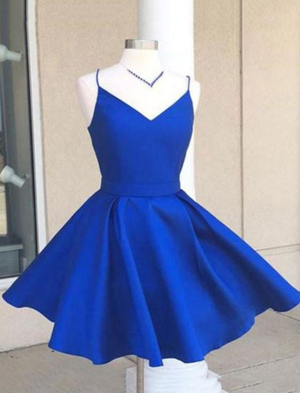 A-line Homecoming Dress, Spaghetti Straps Blue Satin Homecoming Dress, Cocktail Dress With Bowknot