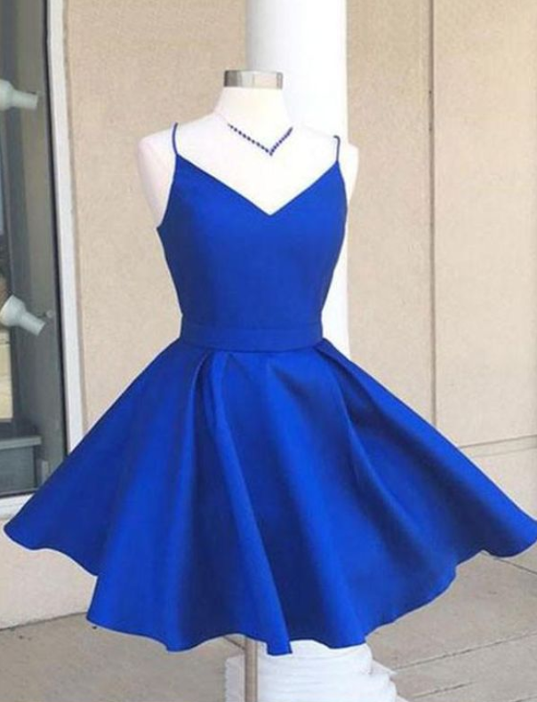 A-line Homecoming Dress, Spaghetti Straps Blue Satin Homecoming Dress,  Cocktail Dress With Bowknot on Luulla