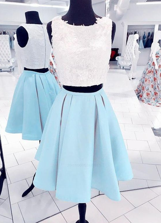 Colorful Lace Babyblue Two Pieces Short Homecoming Dress, Lace Prom Dress