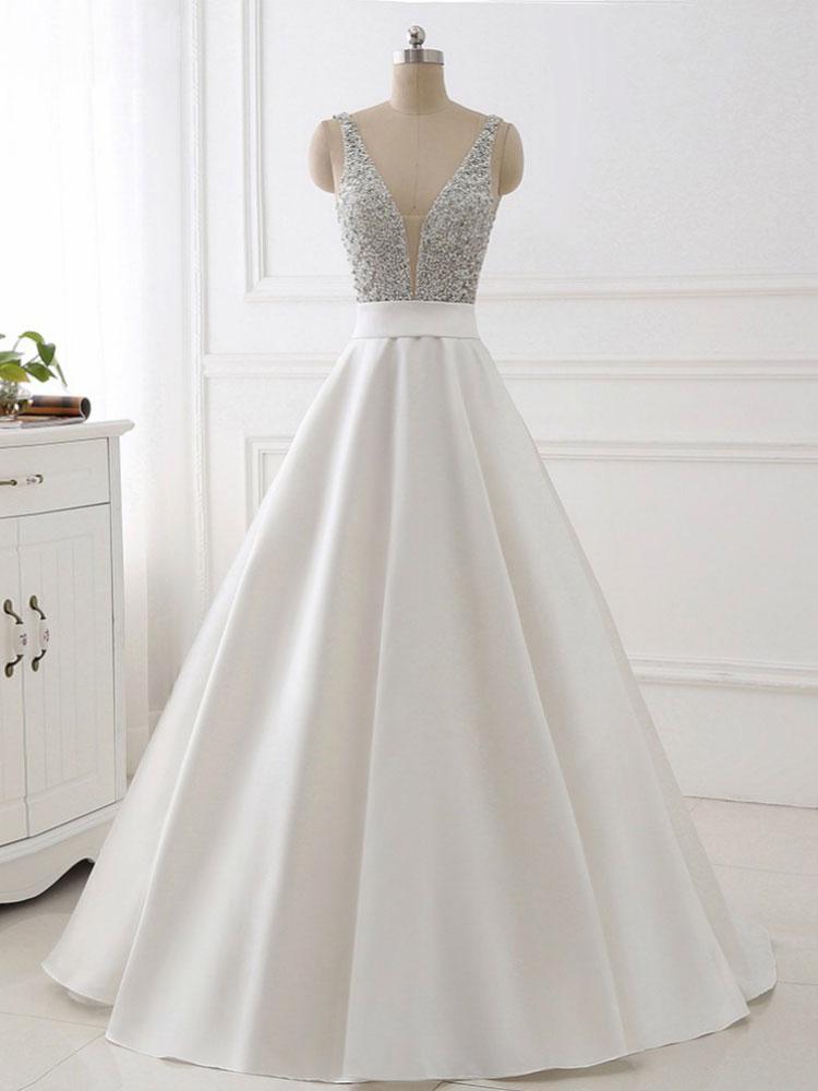 Stunning White A-line V-neck Satin Prom Dress With Beaded Bodice,sleeveless Backless Evening Gowns