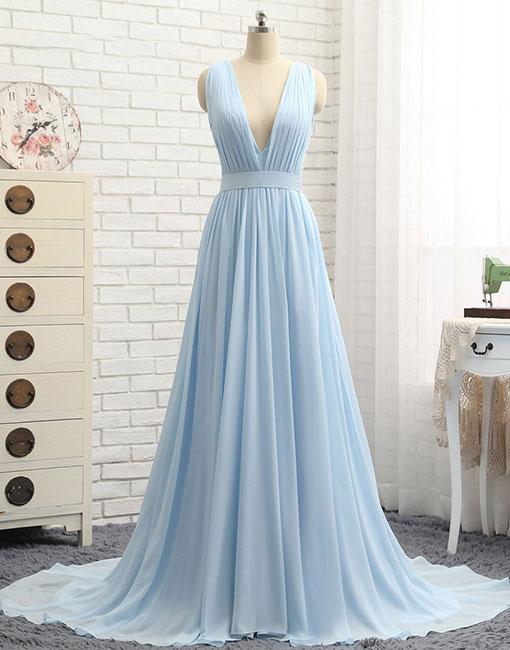 Simple Light Blue V-neck Long Chiffon Prom Dress With Train,a-line Sleeveless Evening Dress