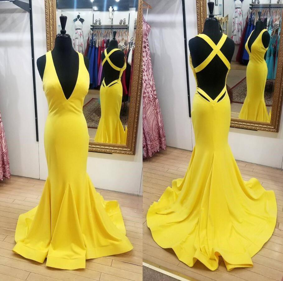 Yellow V-neck Mermaid Sweep Prom Dress, Fashion Evening Gowns