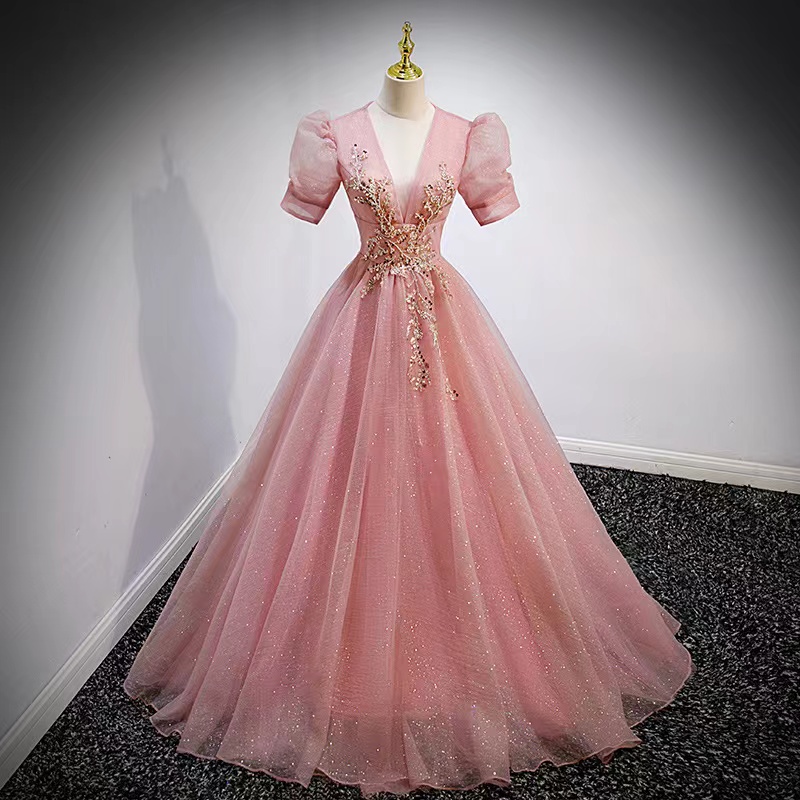 V-neck Evening Dress,pink Prom Dress,princess Ball Gown Dress