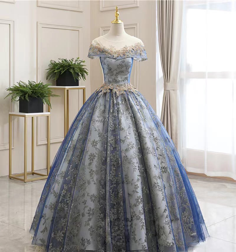 Blue Bridal Dress, Chic Ball Gown Dress, Pomp Floor-length Evening Dress
