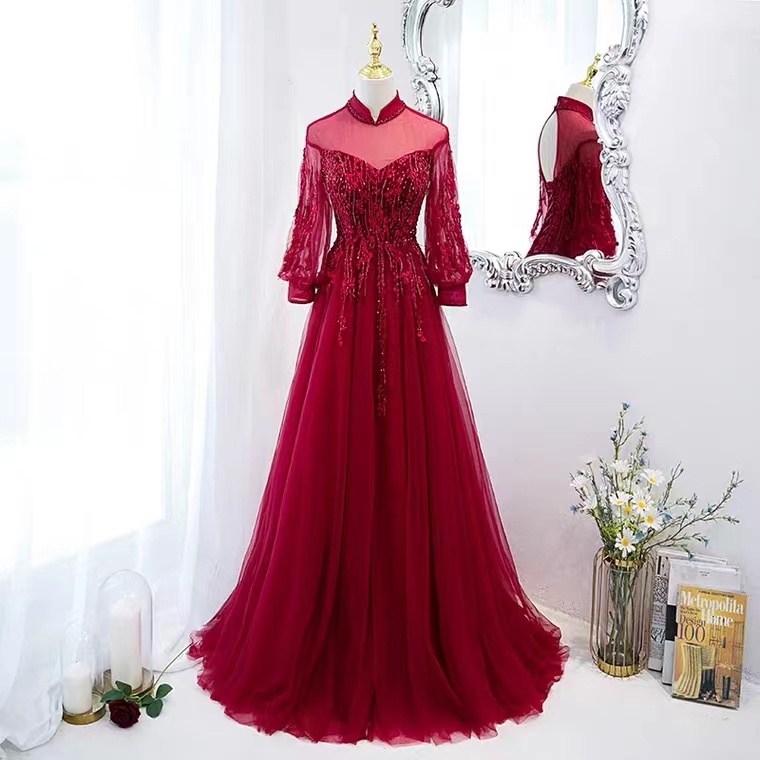 Long Sleeve Prom Dress, Red Evening Dress,high Neck Party Dress,red Dress