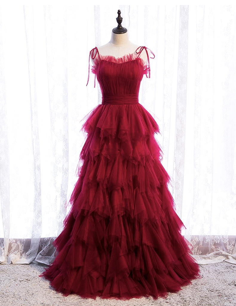 Red Long Dress, Fairy Spaghetti Strap Dress, Cake Layer Dresse