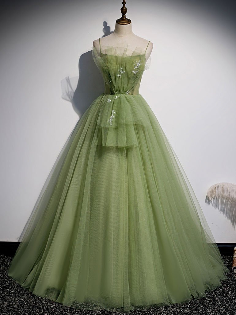 Green tulle long prom dress ,strapless tulle formal dress