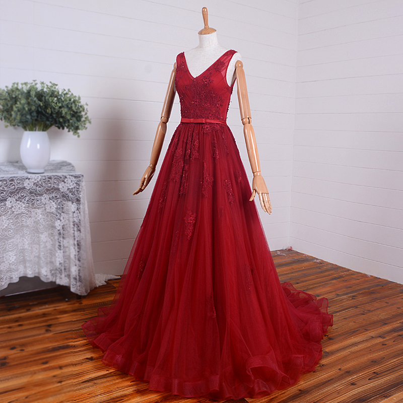 Elegant Party Dress, A Line V Neck Lace Applique Long Prom Dress, Long Formal Dress