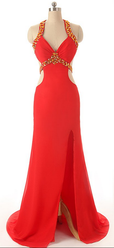women's backless halter dress Elegant Backless Red Lace Long Prom Dress with Train, Red Lace Formal –  abcprom main image 1
