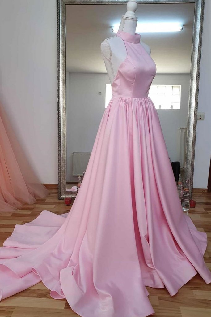 Elegant Sleeveless High Neck Satin Formal Prom Dress, Beautiful Long Prom Dress, Banquet Party Dress