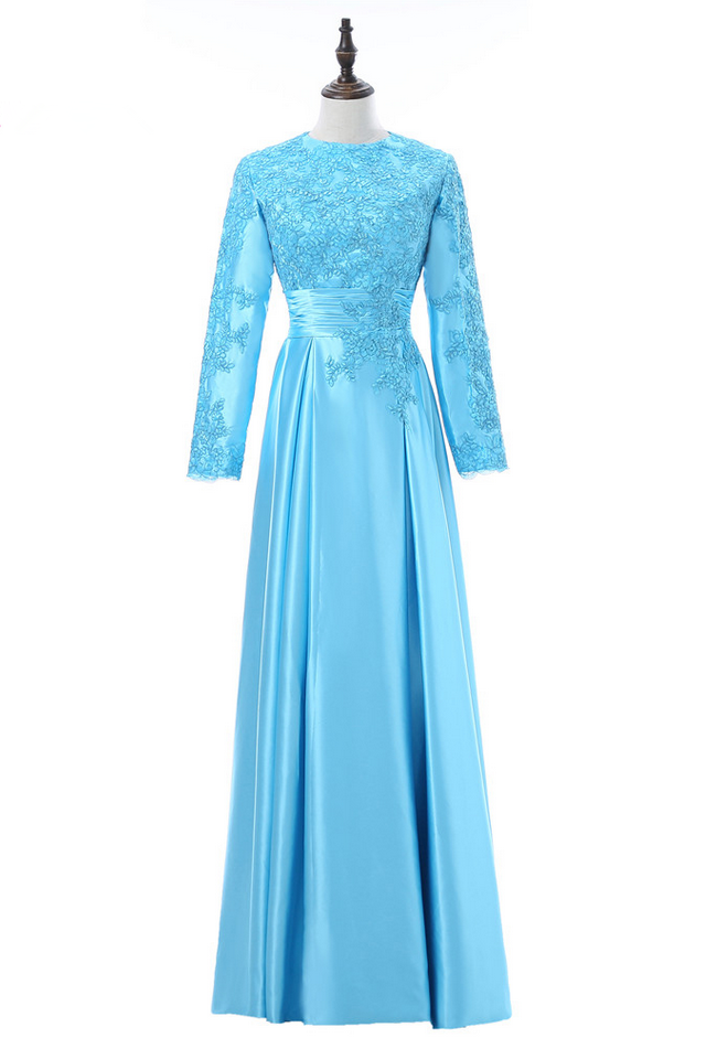 Elegant A-Line Long Sleeves Satin Lace Formal Prom Dress, Beautiful Long Prom Dress, Banquet Party Dress