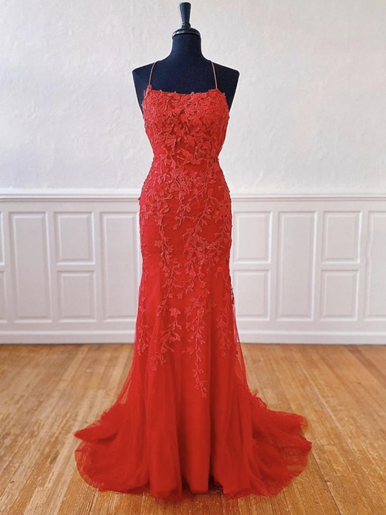 Elegant Sweetheart Mermaid Red Lace Formal Prom Dress, Beautiful Long Prom Dress, Banquet Party Dress