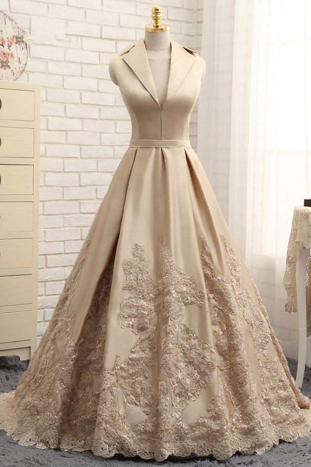 Elegant A-line Applique Satin Formal Prom Dress, Beautiful Prom Dress, Banquet Party Dress