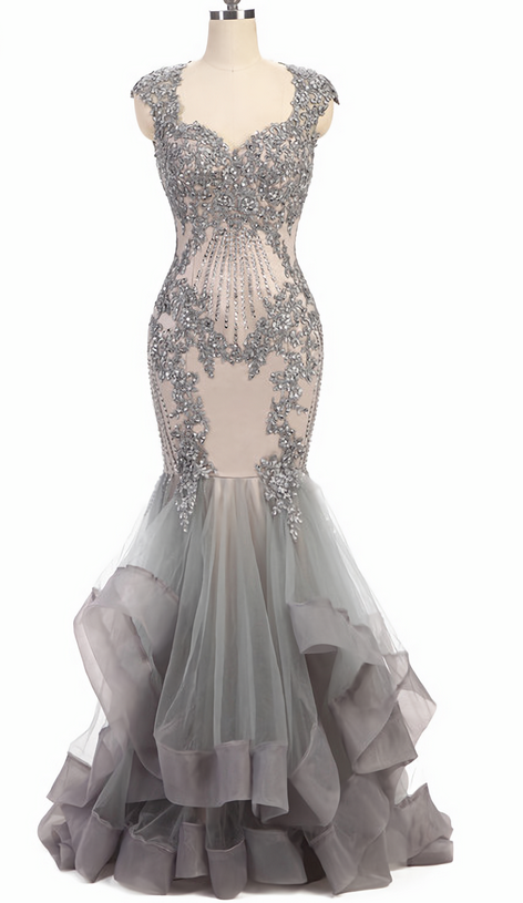 Elegant Mermaid Beaded Tulle Formal Prom Dress, Beautiful Long Prom Dress, Banquet Party Dress