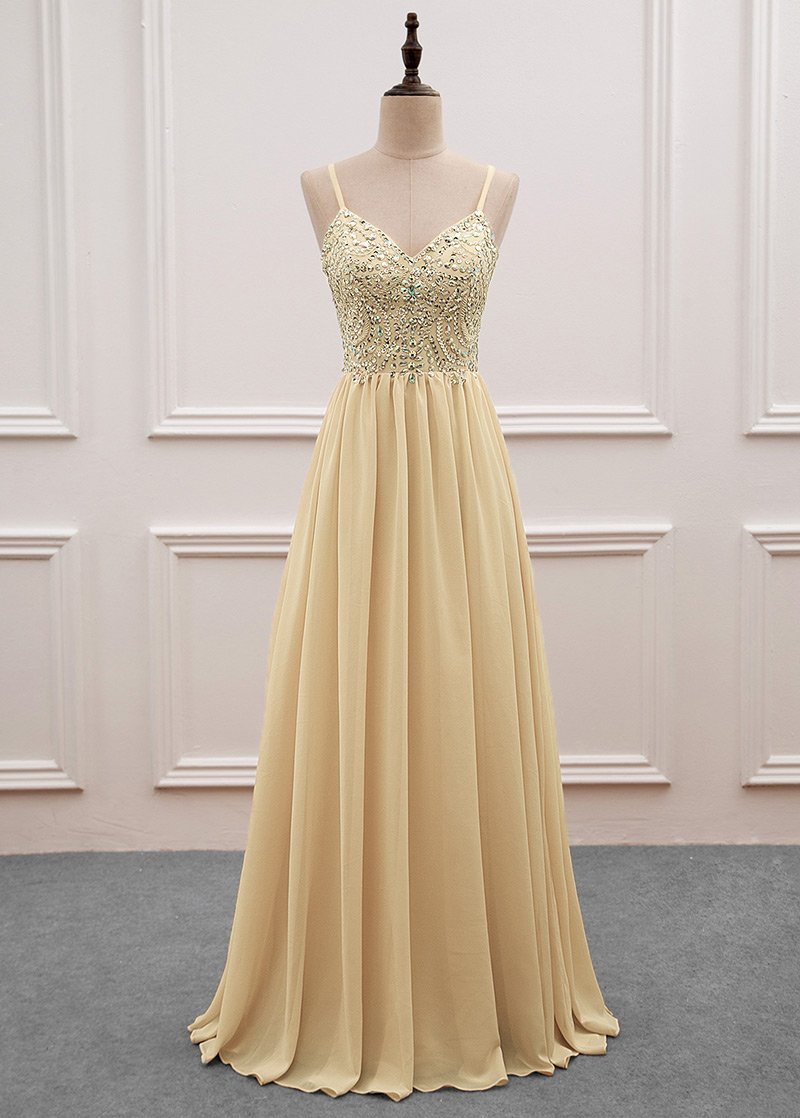 Elegant Chiffon Sequined Spaghetti Straps Formal Prom Dress, Beautiful Long Prom Dress, Banquet Party Dress