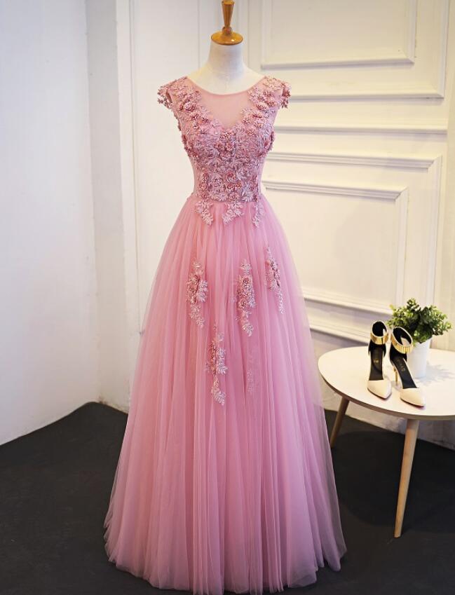 Elegant Sweetheart Round Neckline Lace Applique Tulle Formal Prom Dress, Beautiful Long Prom Dress, Banquet Party Dress