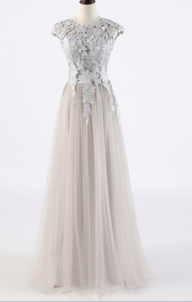 Elegant Lace Cap Sleeve Tulle Formal Prom Dress, Beautiful Long Prom Dress, Banquet Party Dress