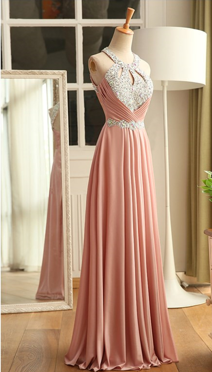 Elegant Backless O-neck Appliques Chiffnformal Prom Dress, Beautiful Long Prom Dress, Banquet Party Dress