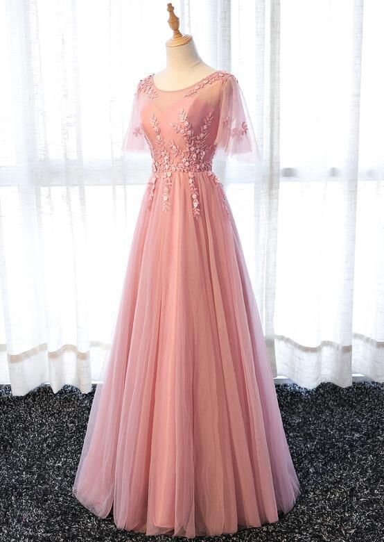 Elegant A-line Short Sleeves Tulle Formal Prom Dress, Beautiful Long Prom Dress, Banquet Party Dress