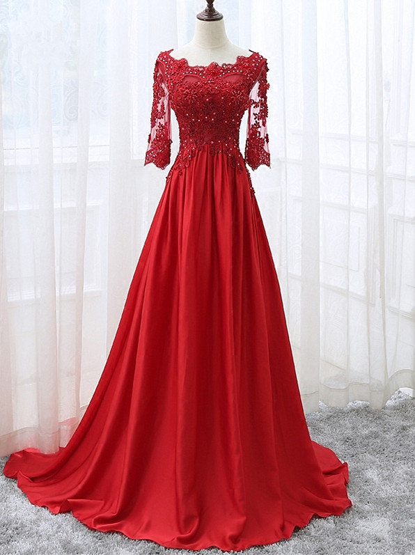 Elegant Satin And Lace 1/2 Sleeves Formal Prom Dress, Beautiful Long Prom Dress, Banquet Party Dress