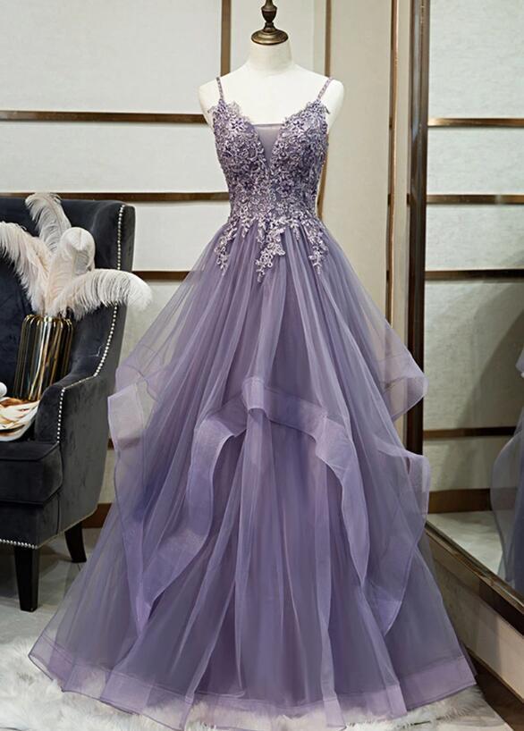 Elegant A-line Straps Tulle Formal Prom Dress, Beautiful Long Prom Dress, Banquet Party Dress