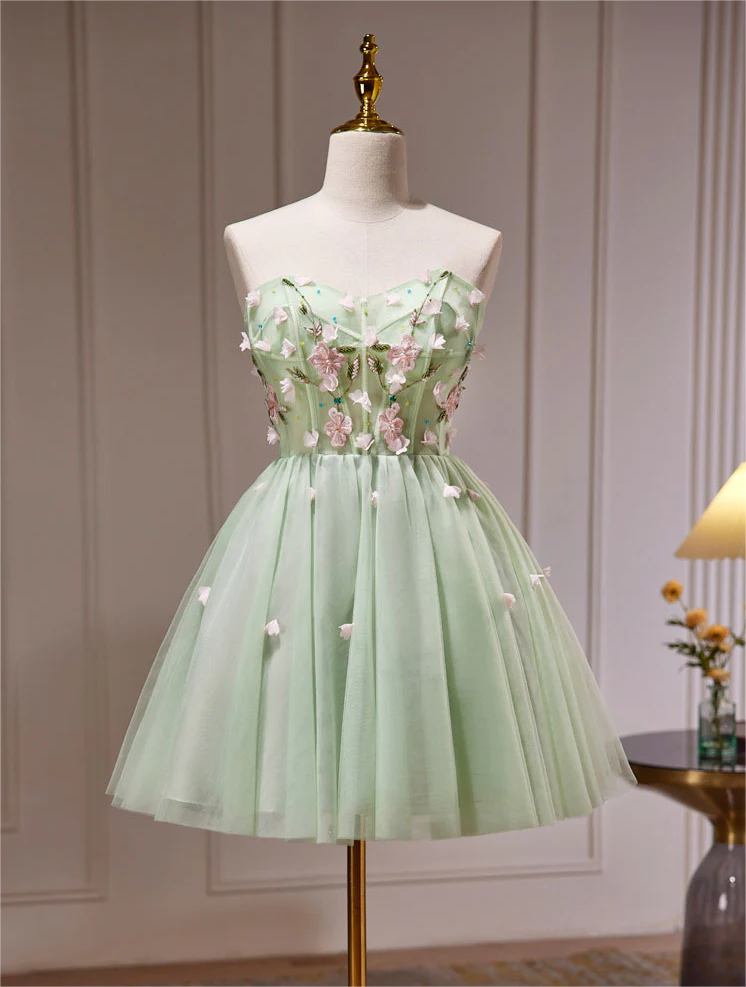 Floral Embroidered Strapless Green Tulle Party Dress