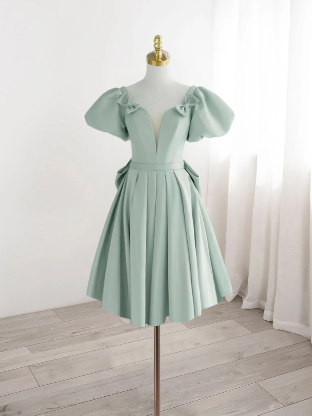 green puffy dress short Green Tulle Short Prom Dress, Green A-Line Party Dress with Bow US 14 / Custom Color main image 1
