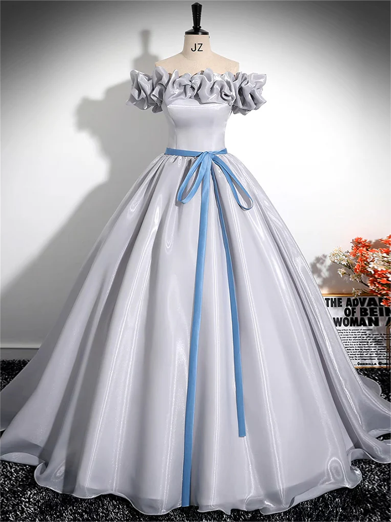 Off-the-shoulder Grey Satin Long Prom Dress 2025, Gray Long Formal Dress