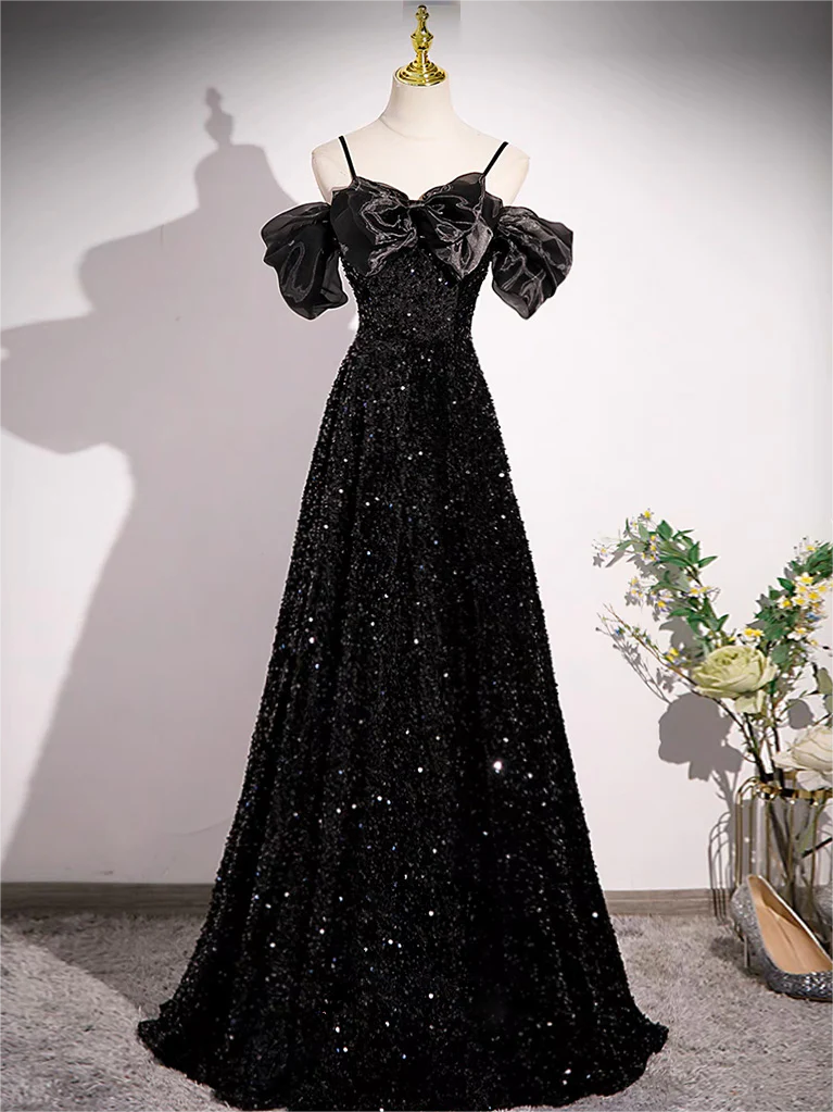 black sequin off the shoulder prom dress Black Sequins Off The Shoulder A-line Prom Dress