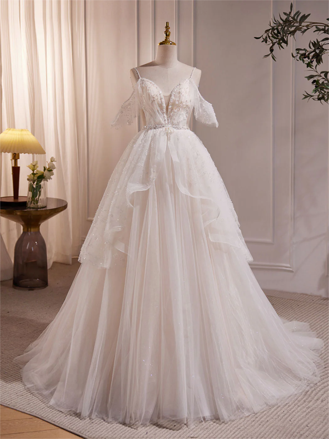 Custom Tulle Beading Long Wedding Dress 2025, Beige Formal Dress