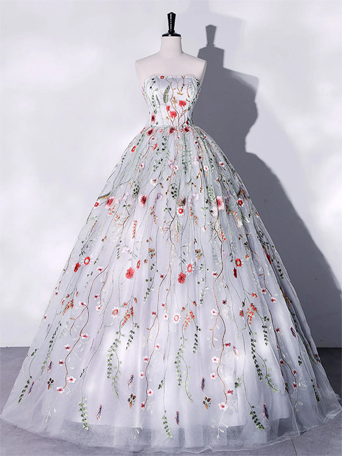 Grey Floral A-Line Tulle Long Prom Dress 2025, Gray Formal Evening Dresses
