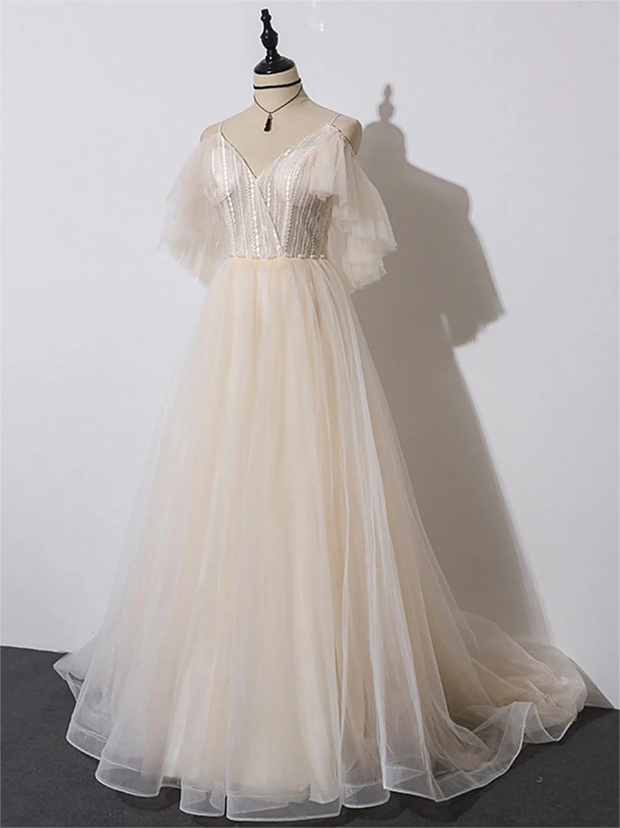 dark beige dress V Neck Champagne Lace Prom Dresses, Champagne Lace Long Formal Evening