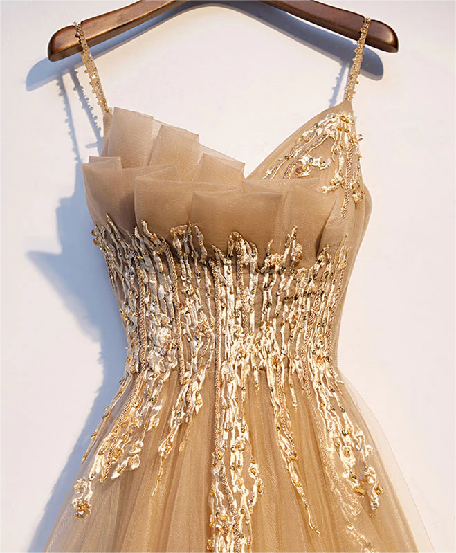 Champagne Tulle Lace Long Prom Dress 2025 Champagne Evening Dress