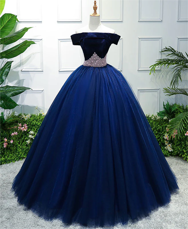 Prom Dresses,dark Blue Tulle Off Shoulder Long Prom Dress, Blue Sweet ...