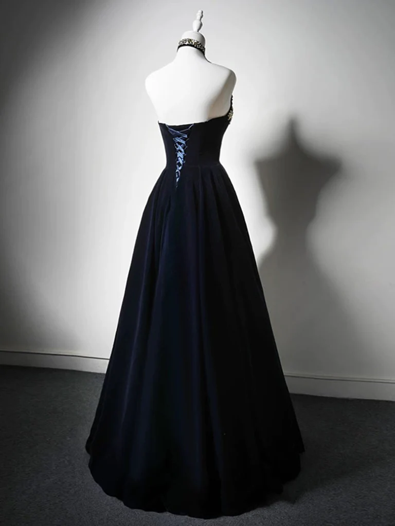 Simple A Line Straps Long Slit Dark Blue Classy Prom Dress